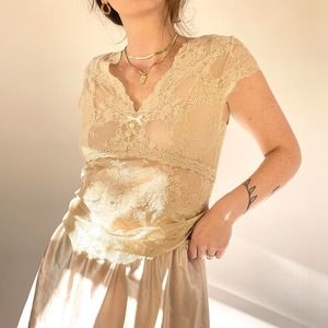 Beige Lace Short Sleeve Blouse
